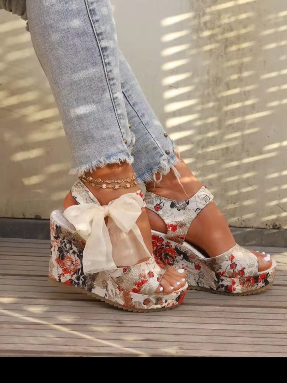 SHEIN Floral Bow Platform Wedge Sandals - White/Red